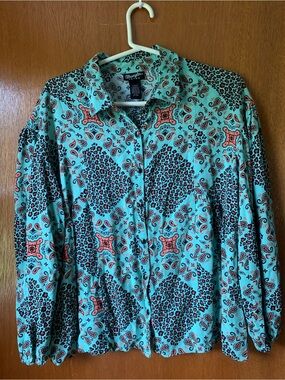 Wrangler Turquoise Paisley & Coral Accented Button-Up Shirt